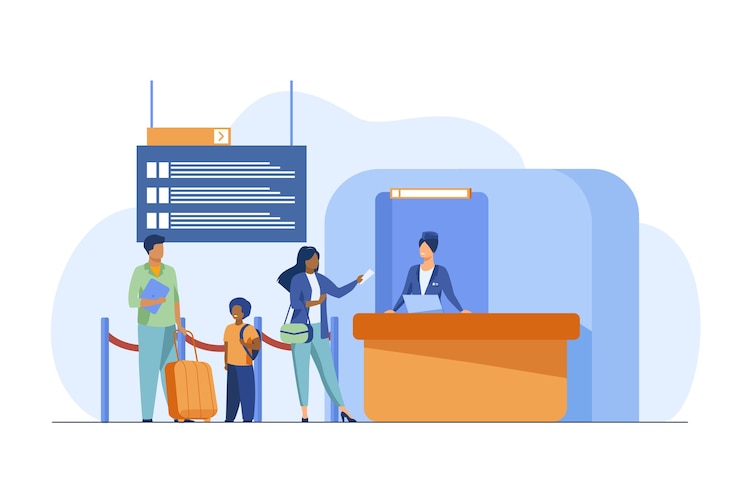 Vector gratuito personas de pie en el mostrador de registro de vuelos. familia, equipaje, billete plano ilustración vectorial. viajes y vacaciones