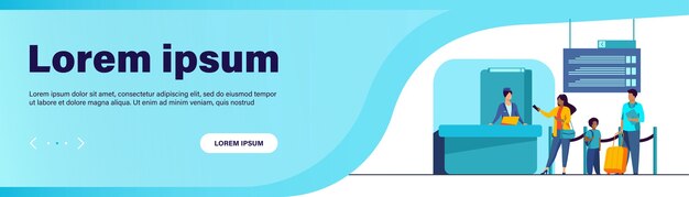 Personas de pie en el mostrador de registro de vuelos. Familia, equipaje, billete plano ilustración vectorial