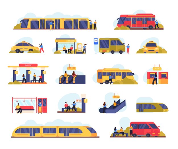 Personas en el piso de transporte público con personajes esperando el autobús subiendo escaleras mecánicas comprando boletos ilustraciones vectoriales aisladas