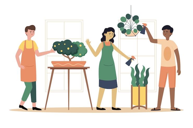Vector gratuito personas planas cuidando la colección de plantas.