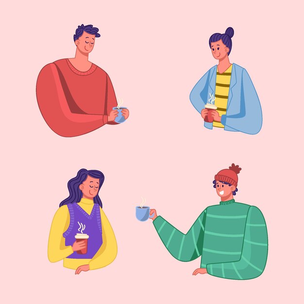 Personas planas dibujadas a mano con bebidas calientes.
