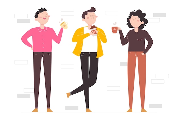 Personas planas dibujadas a mano con bebidas calientes.