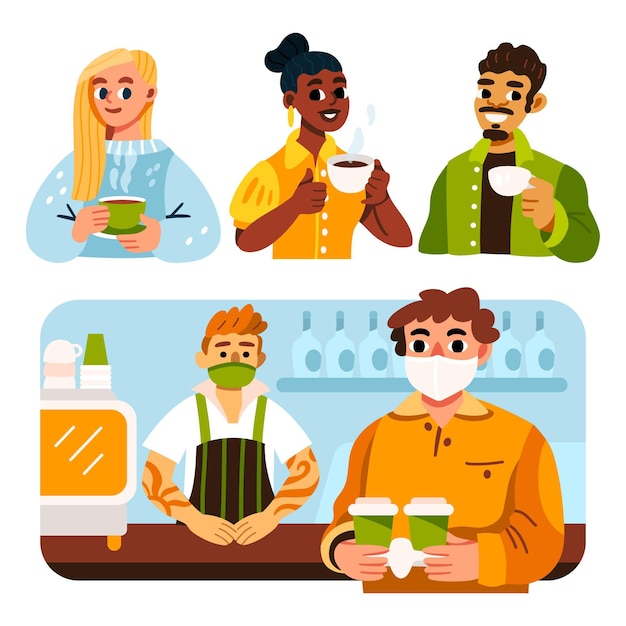 Personas planas dibujadas a mano con bebidas calientes.
