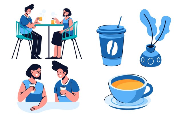 Personas planas dibujadas a mano con bebidas calientes.