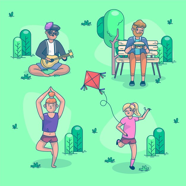 Personas planas haciendo actividades al aire libre.