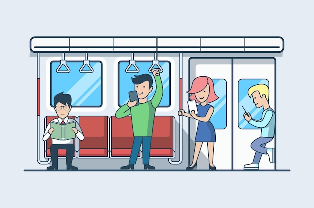 Personas planas lineales en vagón subterráneo o ilustración de vagón de tren. transporte y concepto de generación móvil. niños y niñas con teléfonos inteligentes, empresario, libro de lectura.