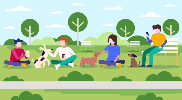 Personas planas con mascotas en el parque.