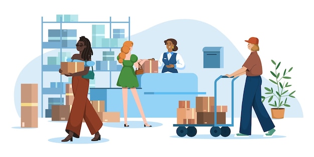 Personas planas en la oficina de correos enviando y recibiendo paquetes.