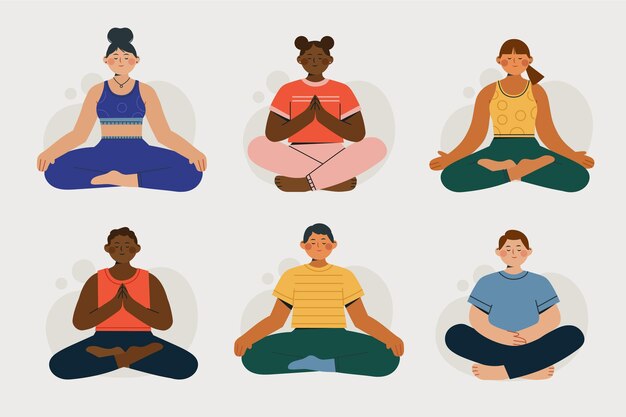 Personas planas orgánicas meditando pacíficamente.
