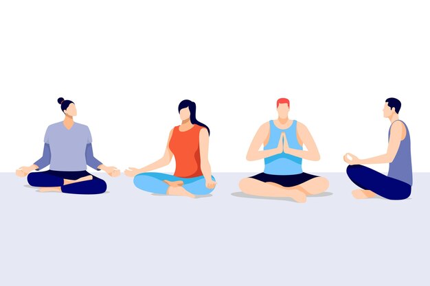 Personas planas orgánicas meditando pacíficamente.