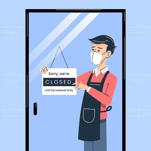 Personas planas orgánicas que cuelgan una ilustración de letrero cerrado debido al coronavirus