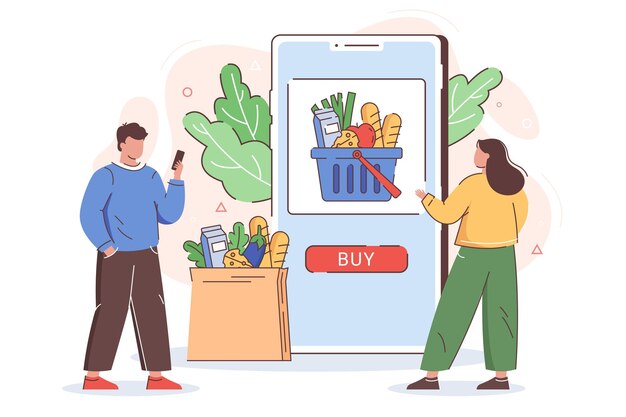 Personas planas piden comida en línea Compras de comestibles desde una aplicación móvil Compras por Internet con entrega a domicilio desde una tienda de supermercado Pantalla de teléfono inteligente con botón de compra y cesta llena de productos
