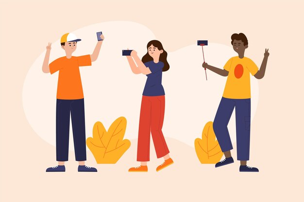 Personas planas tomando fotos con selfie stick