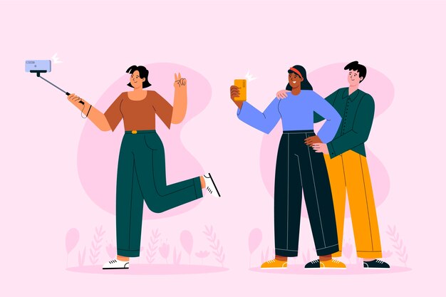 Personas planas tomando fotos con selfie stick