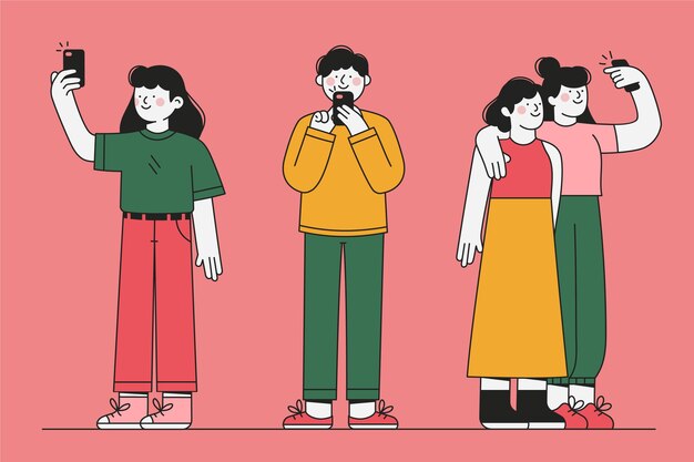 Personas planas tomando fotos con smartphone