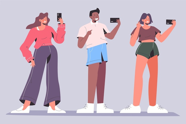 Vector gratuito personas planas tomando selfies con teléfono.