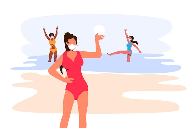 Vector gratuito personas en la playa con concepto de máscara