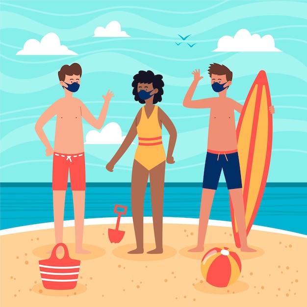 Vector gratuito personas en la playa con mascarillas