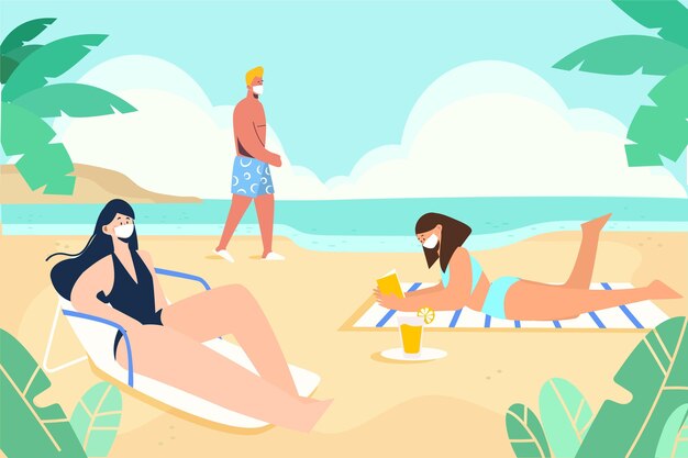 Personas en la playa con mascarillas