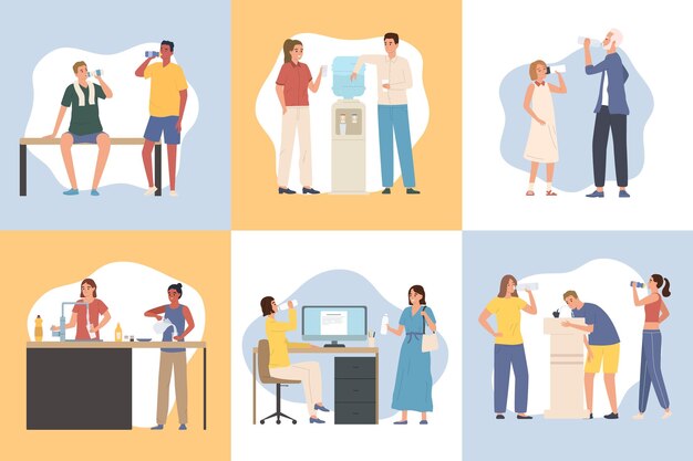 Personas que beben agua dulce en diferentes situaciones conjunto plano aislado ilustración vectorial