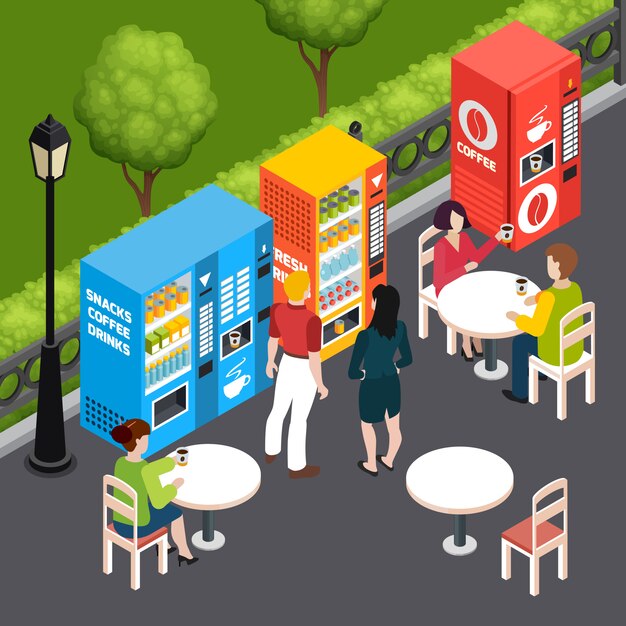Las personas que beben café en un café al aire libre con máquinas expendedoras que venden aperitivos y bebidas 3d ilustración isométrica del vector