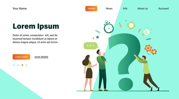 Personas que buscan soluciones y piden ayuda. Hombres y mujeres discutiendo un gran signo de interrogación. Ilustración de vector de comunicación, asistencia, concepto de consultoría