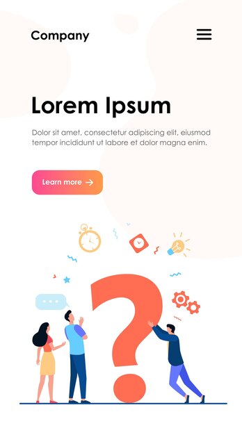 Personas que buscan soluciones y piden ayuda. Hombres y mujeres discutiendo un gran signo de interrogación. Ilustración de vector de comunicación, asistencia, concepto de consultoría