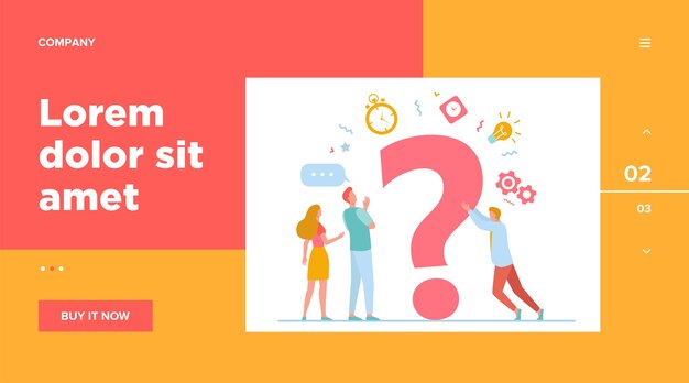Personas que buscan soluciones y piden ayuda. Hombres y mujeres discutiendo un gran signo de interrogación. Ilustración de vector de comunicación, asistencia, concepto de consultoría