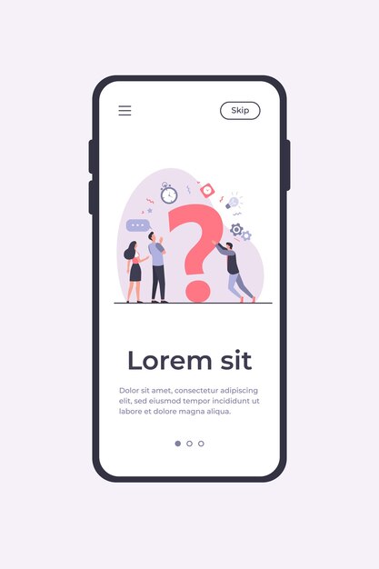 Personas que buscan soluciones y piden ayuda. Hombres y mujeres discutiendo un gran signo de interrogación. Plantilla de aplicación móvil de ilustración vectorial