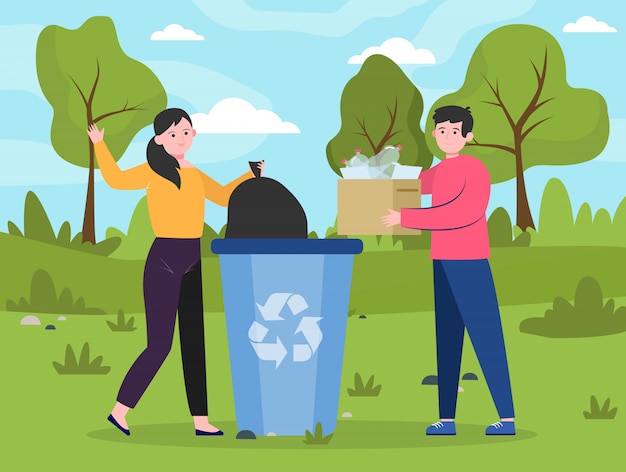 Personas que colocan residuos reutilizables en el contenedor de basura