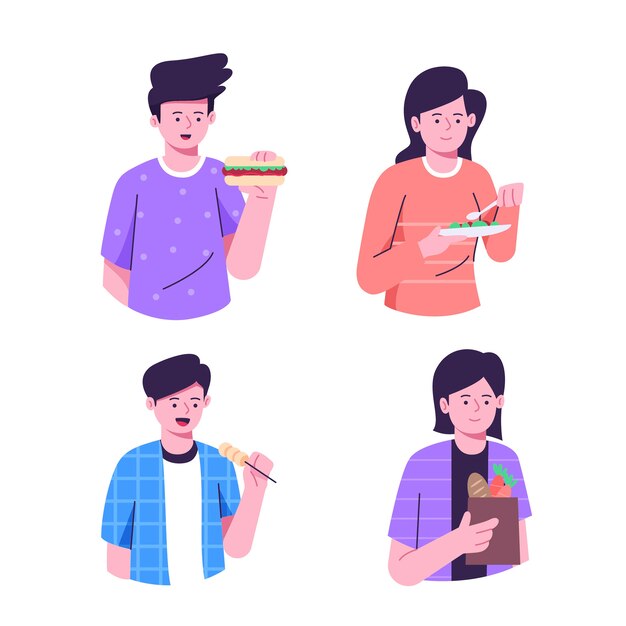 Personas que comen varios tipos de alimentos.