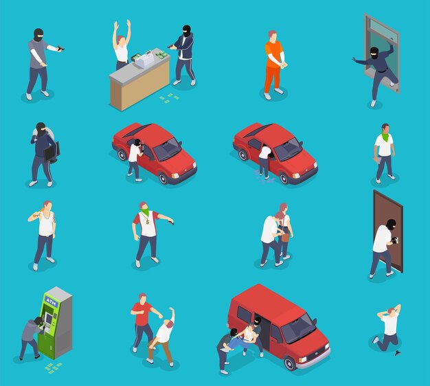 Personas que cometen delitos iconos isométricos con ladrones secuestradores mafiosos aislados en ilustración de vector 3d de fondo azul