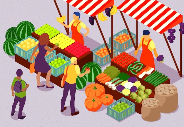 Vector gratuito personas que compran frutas y verduras frescas en la composición isométrica del mercado agrícola al aire libre