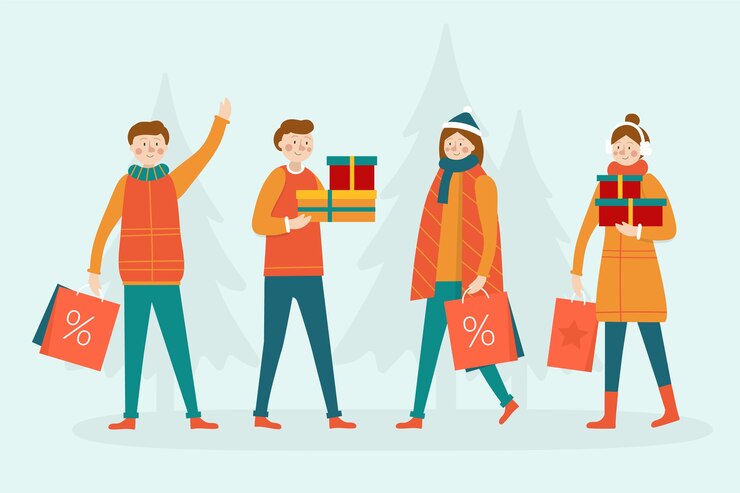 Vector gratuito las personas que compran regalos de navidad con árboles en el fondo