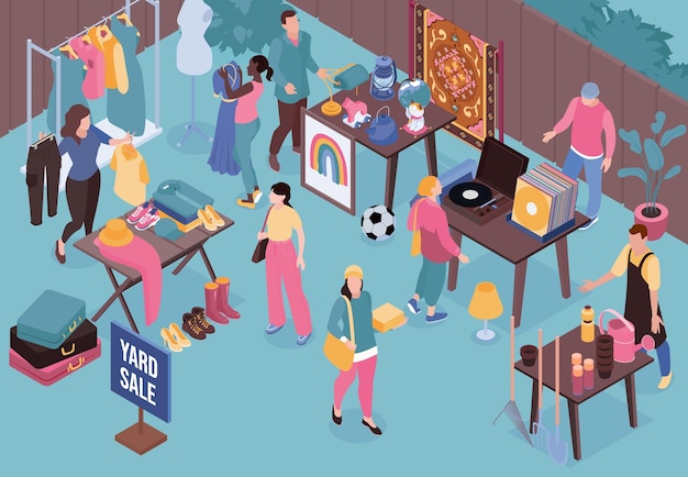 Personas que compran ropa suministros de jardín discos de vinilo y otros productos en la venta de garaje ilustración vectorial isométrica