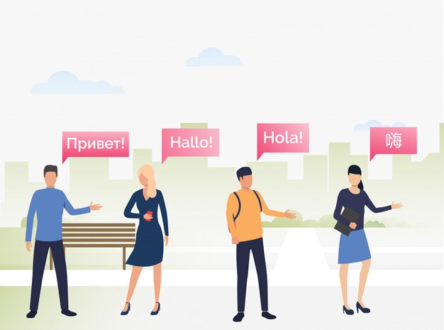 Personas que se comunican entre sí en idiomas extranjeros.