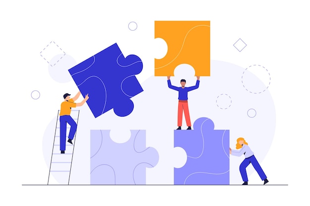 Personas que conectan elementos de rompecabezas. concepto de negocio. metáfora del equipo. trabajo en equipo empresarial con piezas