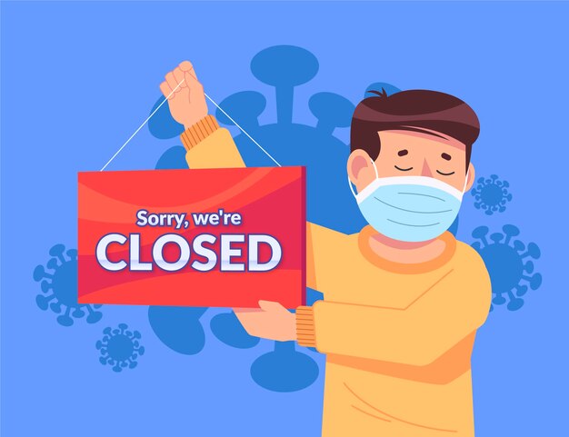 Personas que cuelgan un letrero cerrado por coronavirus