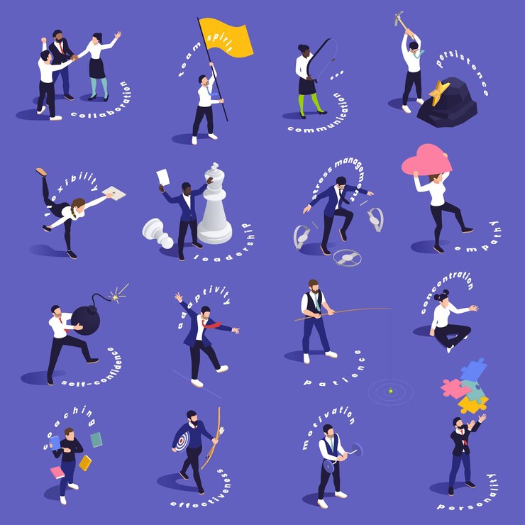 Vector gratuito personas que demuestran varias habilidades blandas iconos conceptuales isométricos establecidos aislados en la ilustración de vector de fondo violeta
