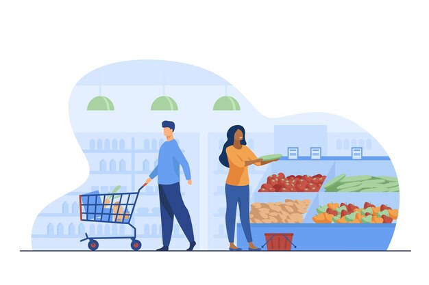 Personas que eligen productos en la tienda de comestibles. Carro, verduras, cesta ilustración vectorial plana. Concepto de compras y supermercados