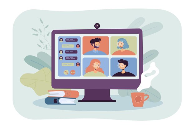 Personas que se encuentran en línea a través de una ilustración plana de videoconferencia. Grupo de dibujos animados de colegas en el chat colectivo virtual durante el bloqueo