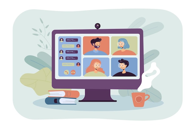 Personas que se encuentran en línea a través de una ilustración plana de videoconferencia. Grupo de dibujos animados de colegas en el chat colectivo virtual durante el bloqueo