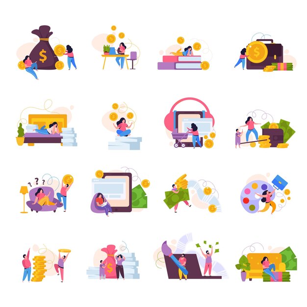 Personas que ganan dinero conjunto de iconos planos con personajes humanos aislados monedas billetes libros y gadgets ilustración vectorial