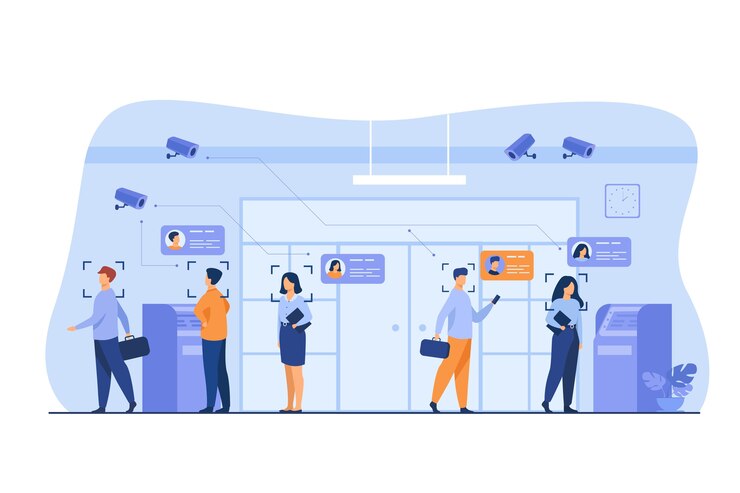Vector gratuito personas que hacen cola en el banco para retirar dinero en efectivo ilustración vectorial plana. reconocimiento facial por ia con cámara de acceso. concepto de seguridad, análisis y control digital