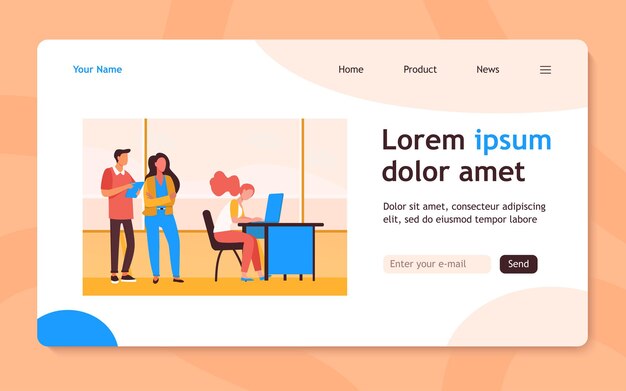 Personas que hacen cola para usar la computadora portátil. Ventana, escritorio, página de inicio plana de trabajo. Concepto de comunicación y tecnología digital para banner, diseño de sitios web o página web de destino.