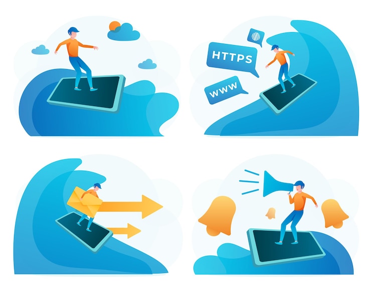 Vector gratuito personas que navegan por internet buscando y encontrando información en línea usuarios que buscan correo electrónico en el buzón y campana de notificación ilustración de vector plano