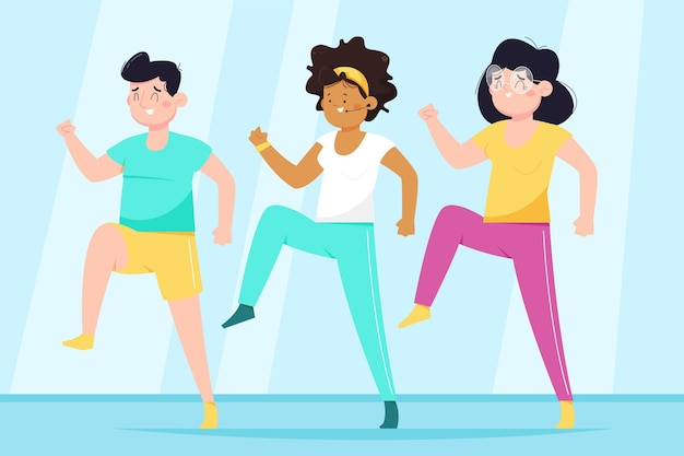 Vector gratuito personas que participan en una clase de baile y fitness.