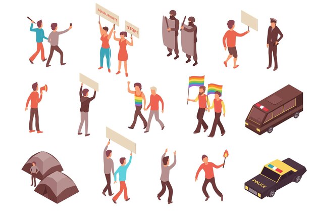 Las personas que participan en protestas callejeras y los iconos isométricos de los oficiales de policía establecen ilustraciones vectoriales aisladas en 3d