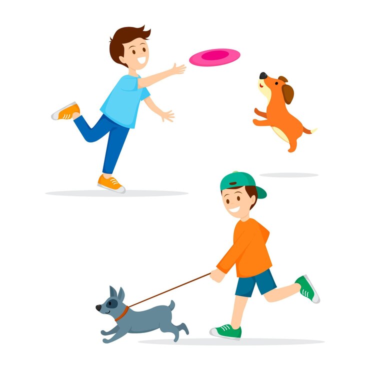 Vector gratuito personas que pasan tiempo y juegan con perros.