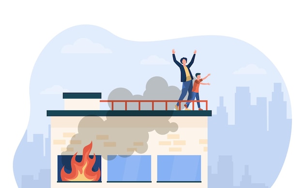 Vector gratuito personas que piden ayuda en la parte superior del edificio del incendio. accidente, humo, víctima. ilustración de dibujos animados